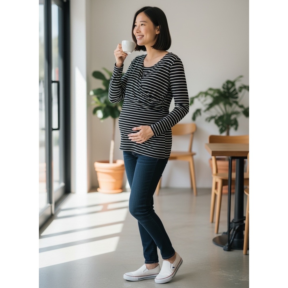 Motherhood Maternity 2X Black White Striped Surplice Nursing Top Long Sleeve